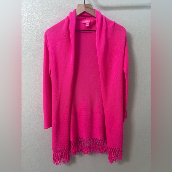 Lilly Pulitzer Tatum Sweater Women XS Pascha Hot Pink Fringe Hem Open Cardigan - Picture 1 of 5